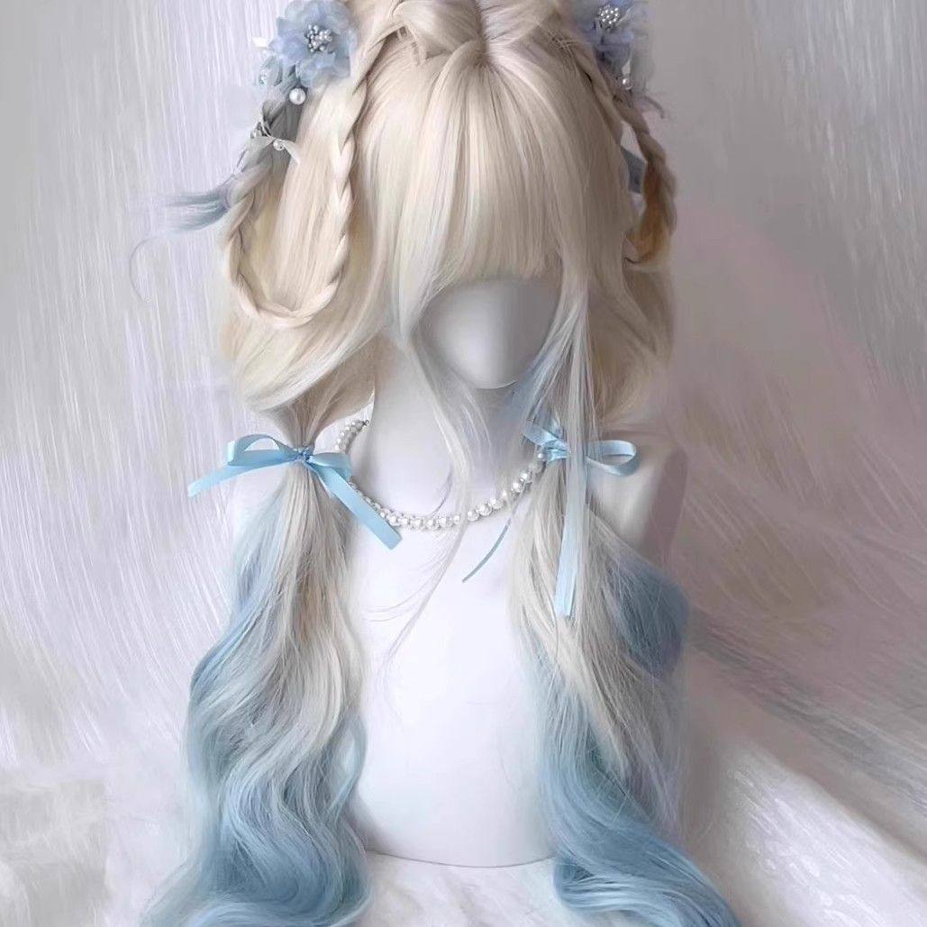 海盐奶霜白金渐变蓝长卷假发