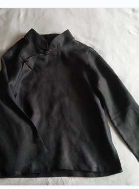 原创自制春夏秋款立领盘扣纯黑色亚麻上衣女长袖斜襟茶服衬衫国风