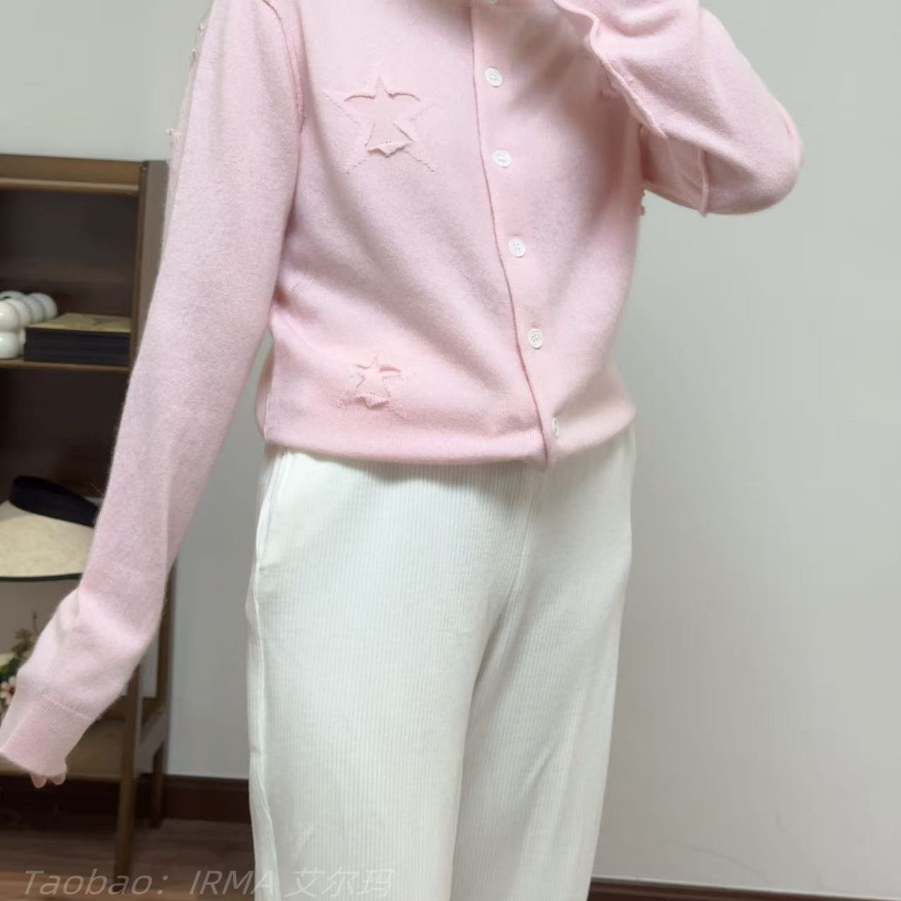 法式五角星提花刺绣羊绒针织开衫