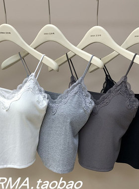 韩系天丝竹棉螺纹美背吊带春夏V领蕾丝边一体杯胸垫内衣显瘦内搭