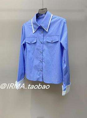 特价销售！！2024早秋新款双领口设计感拼接蓝色条纹衬衫女短款