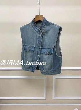 北欧窄众设计 复古水洗浅蓝色造型垫肩立领时尚箱形宽松牛仔马甲