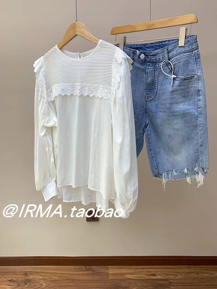 重工防晒打花边亚麻灯笼袖衬衫