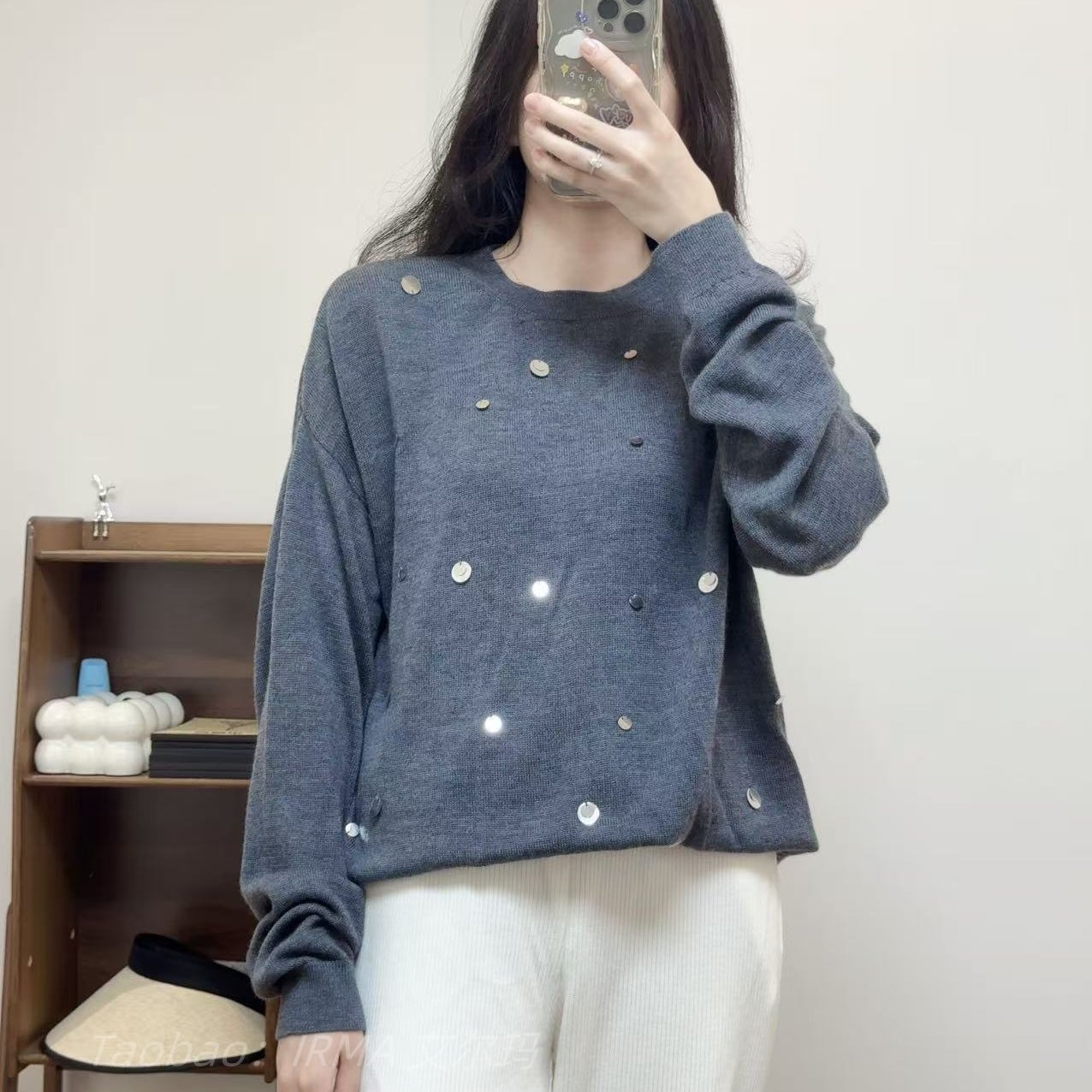 慵懒休闲纯色亮片纯羊毛针织衫