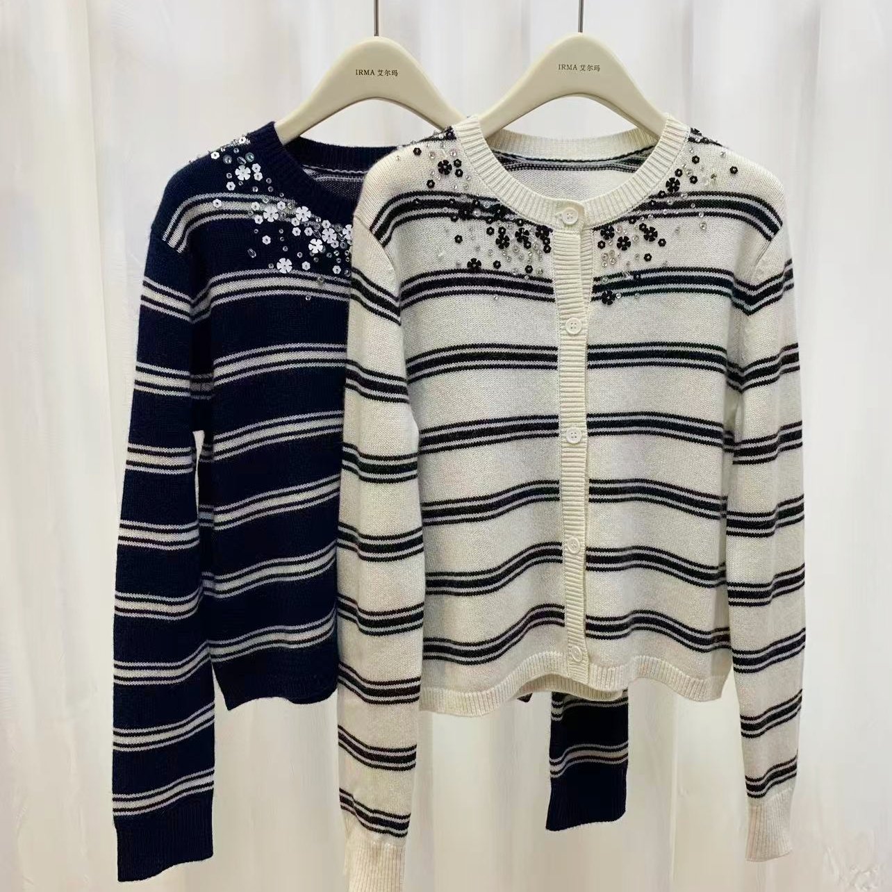 纯羊绒圆领重工串珠毛衣针织开衫