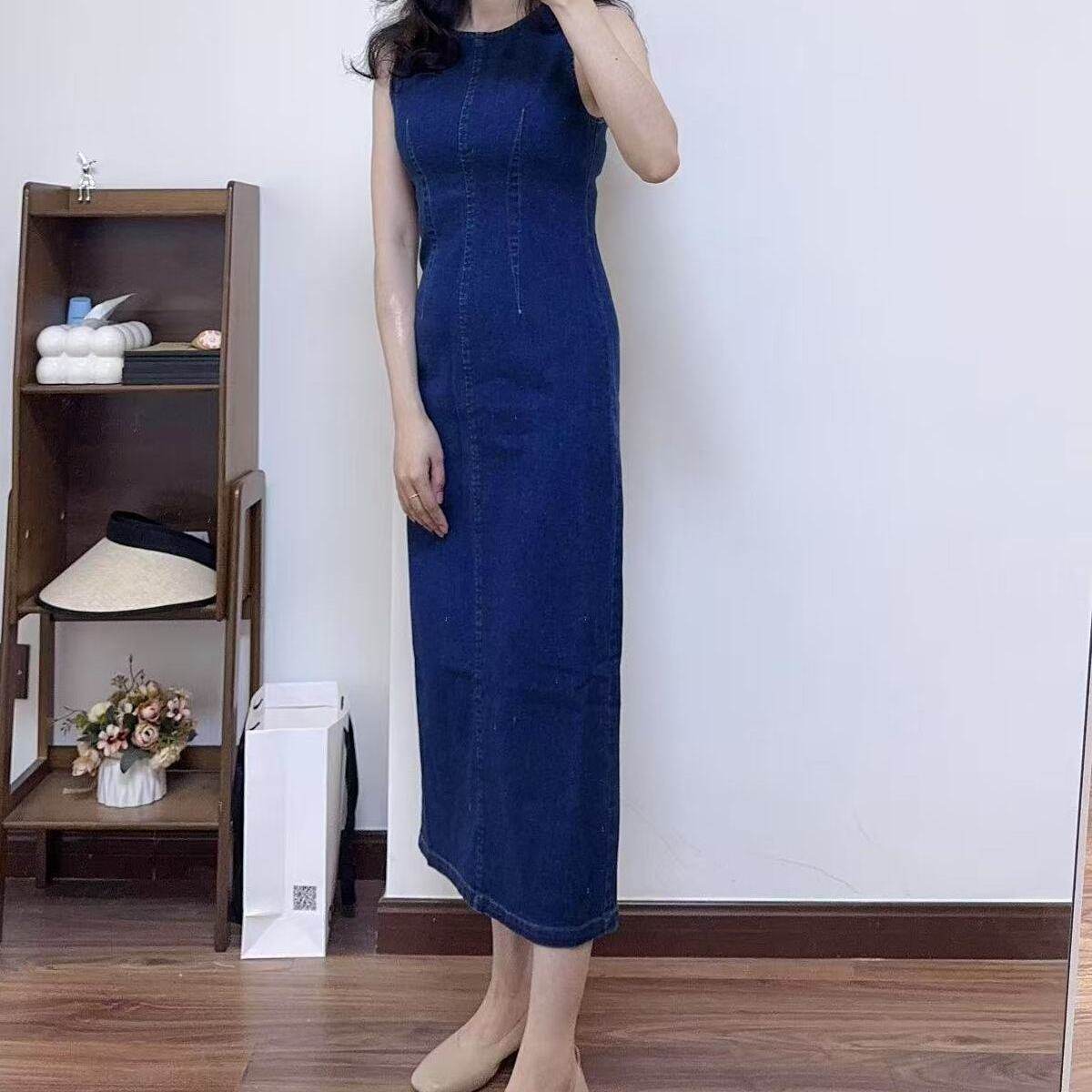 牛仔棉开叉收腰无袖修身A字裙