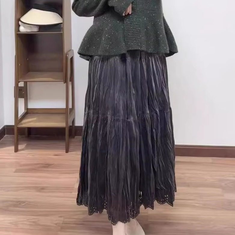 复古法式丝绒压褶下摆镂空半身裙