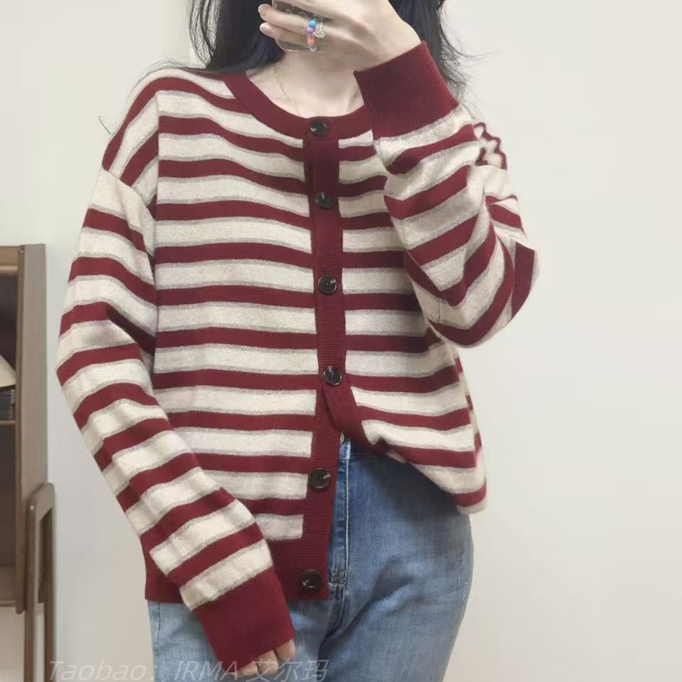 纯羊绒条纹圆领背心长袖针织开衫