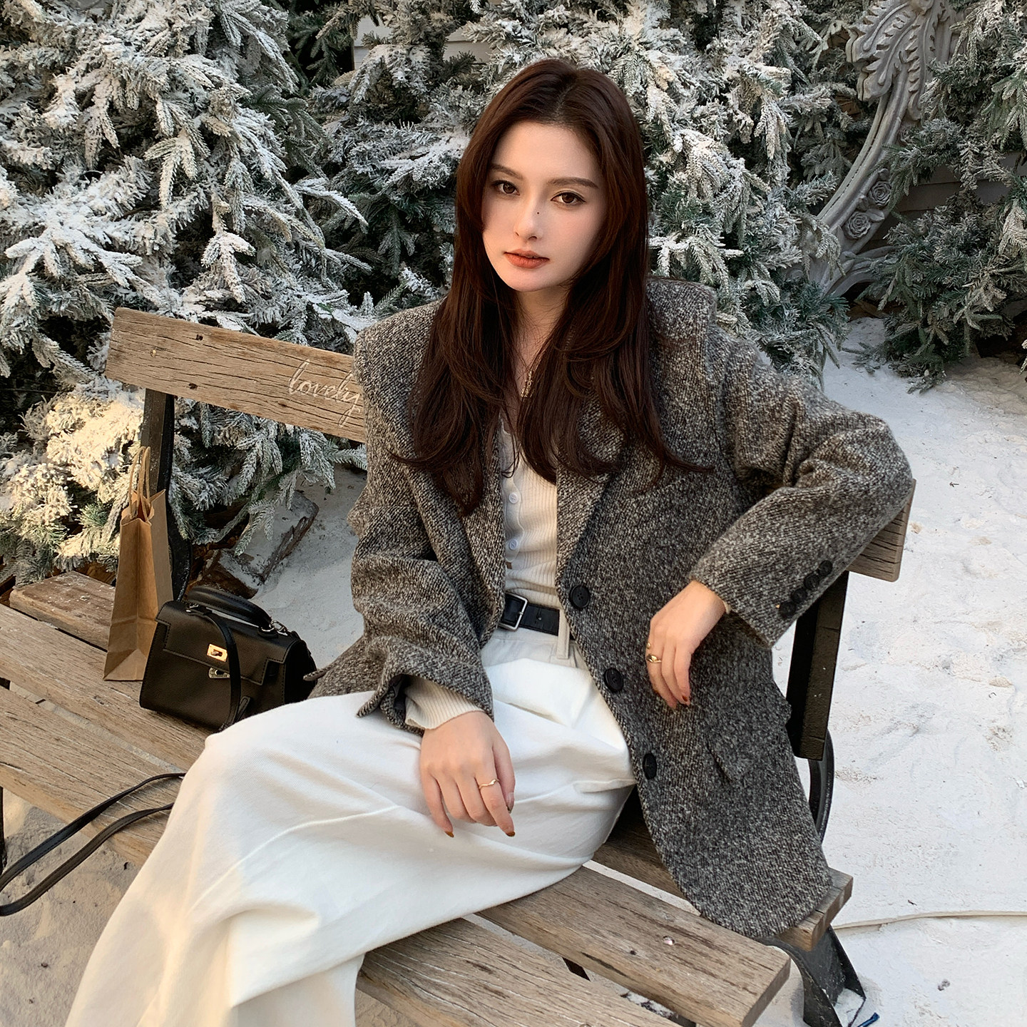 MIKILE 进口羊毛粗花呢灰色高级感加厚毛呢西装外套女秋冬小个子