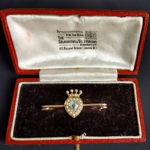 【英国发货】Antique 15k金海蓝宝珍珠心形古董胸针