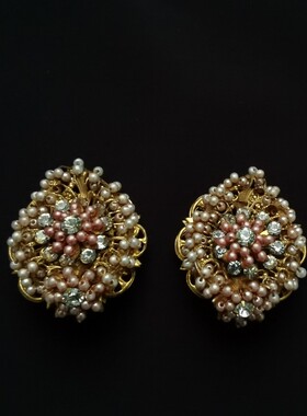 【英国发货】Vintage Stanley Hagler 粉红仿珍珠花朵水滴耳夹