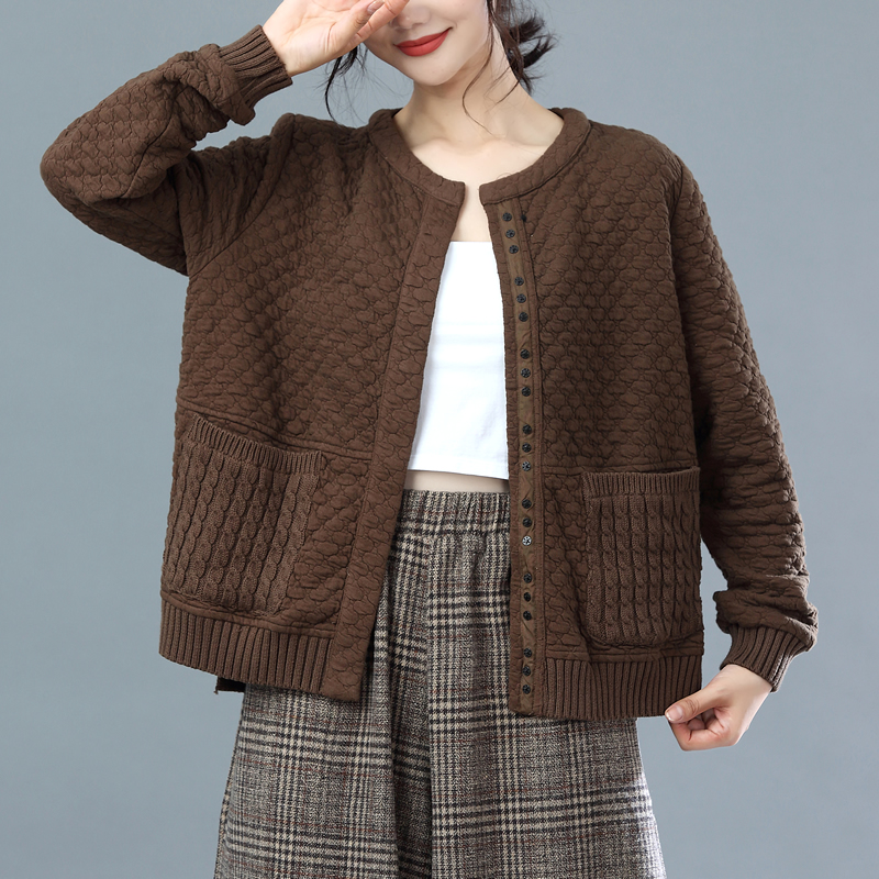 清濯毛线麻花口袋凹凸肌理复合棉短开衫小外套外搭薄棉袄短夹克