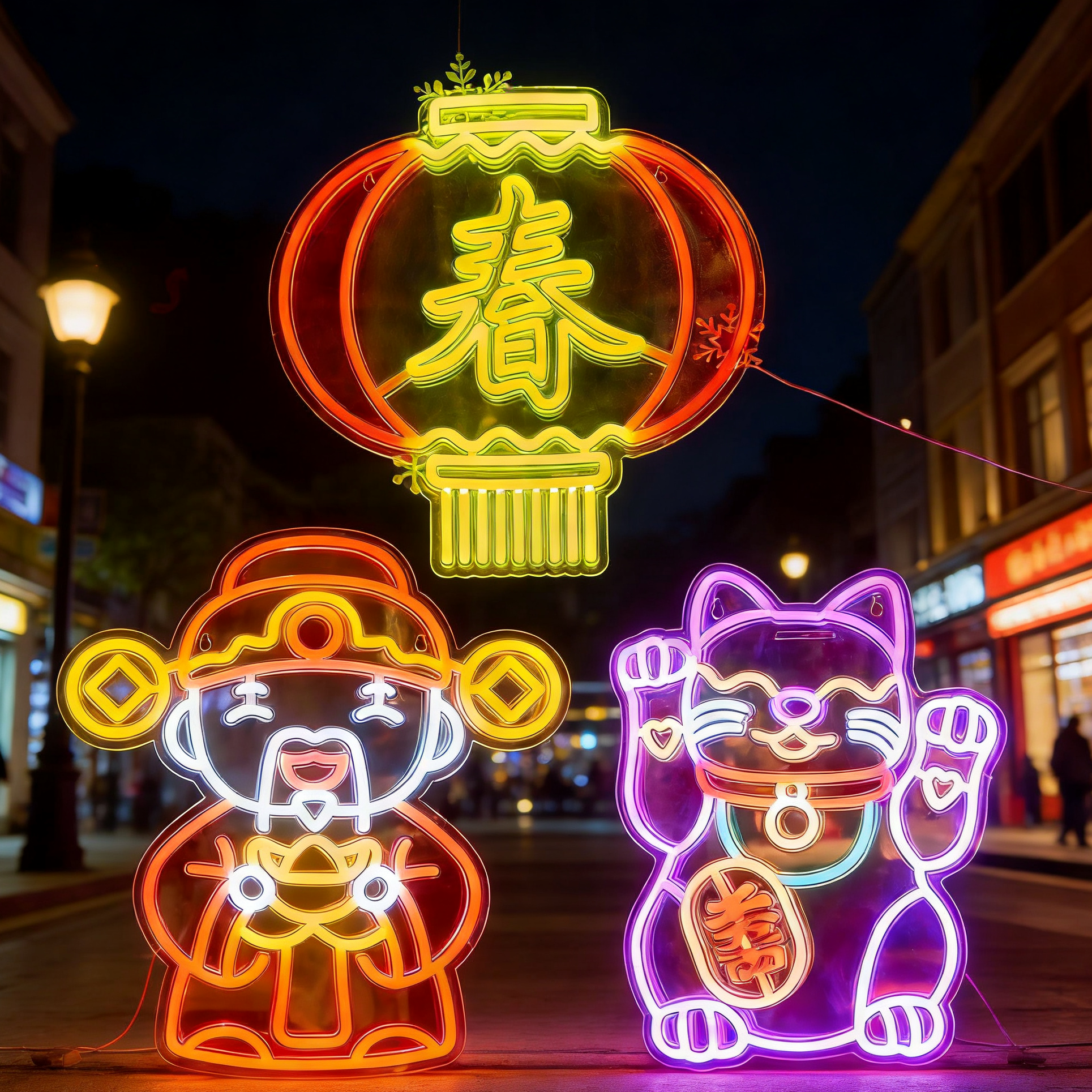 LED霓虹灯卡通中国结财神招财猫春节装饰灯亚克力挂件USB供电