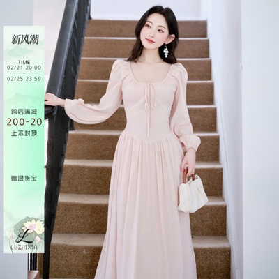 法式温柔风甜美粉色连衣裙春季2025新款收腰长裙仙女裙子气质超仙