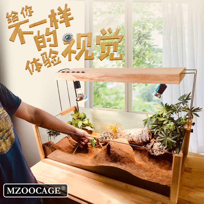 水陆缸黄缘闭壳乌龟半水龟造景观赏缸玻璃实木橡木开放饲养箱含灯