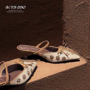 配裙子包头拖女夏外穿仙女风花朵一字带高跟凉拖鞋 七与多 5cm