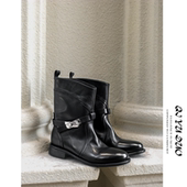 QIYUDUO 水洗牛皮游牧风西部短靴女粗跟皮带扣宽筒骑士靴秋冬加绒