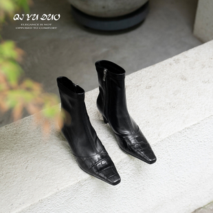 QIYUDUO | 石头纹方头瘦瘦靴女气质高跟短靴2025秋冬新款弹力靴子