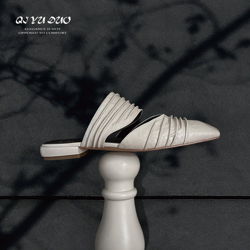 【七与多】羊皮/2cm设计师款褶皱包头拖平底方头穆勒鞋外穿半拖女