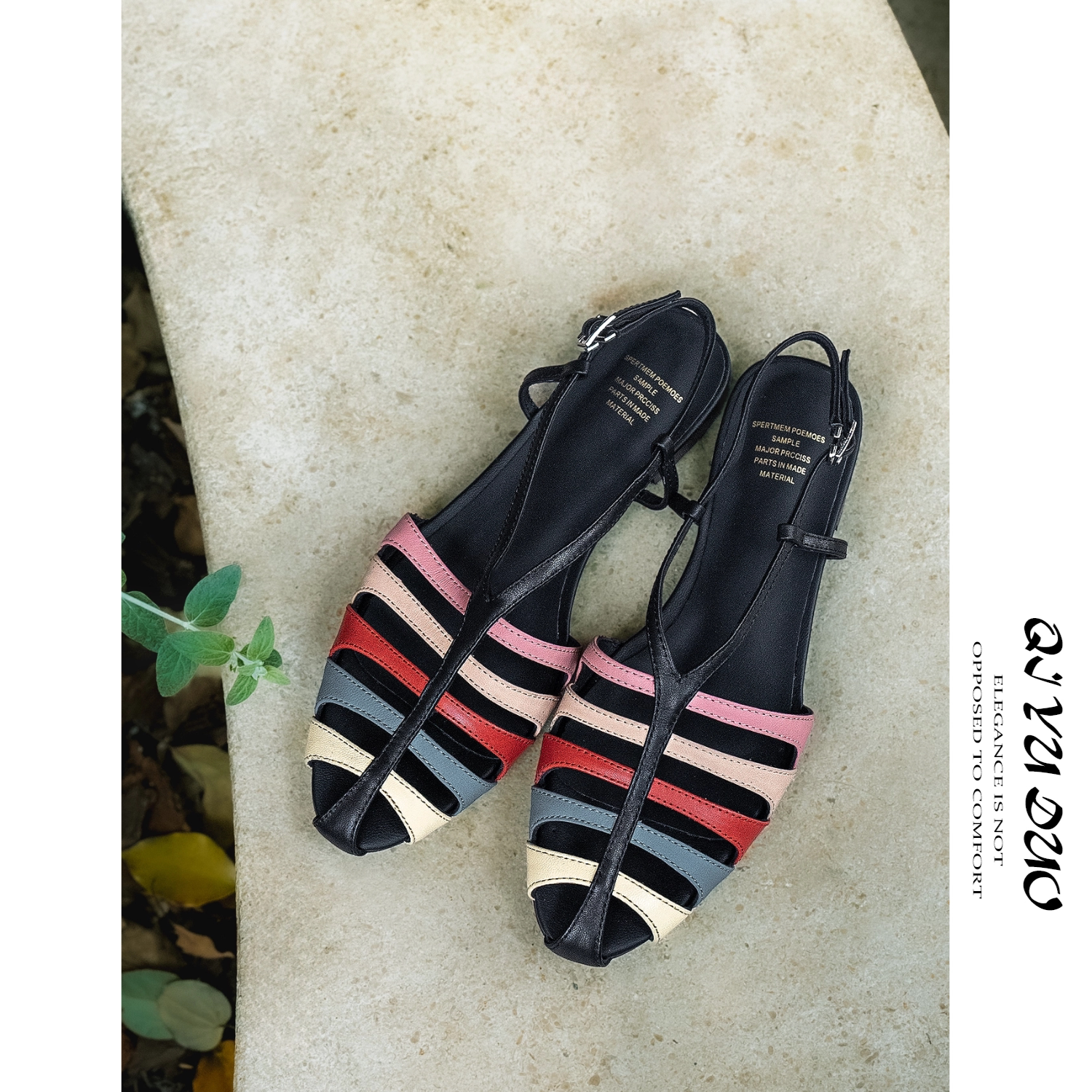 QIYUDUO 真皮拼色镂空包头平底凉鞋女2026夏季新款法式复古罗马鞋