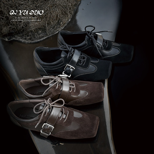 【七与多】2.5cm/牛皮小众猪鼻子单鞋女内增高德训鞋方头芭蕾舞鞋