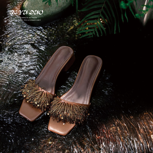 手工串珠半拖女外穿粗跟一字凉鞋