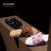 七与多 牛皮 3cm 厚底真皮花朵外穿凉拖鞋 女夏平底露趾一字拖