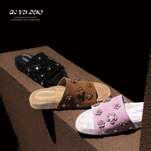 3cm 七与多 牛皮 女夏平底露趾一字拖 厚底真皮花朵外穿凉拖鞋