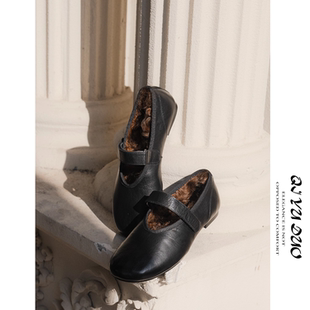 QIYUDUO 平底圆头玛丽珍单鞋女2025新款皮毛一体一字带外穿毛毛鞋