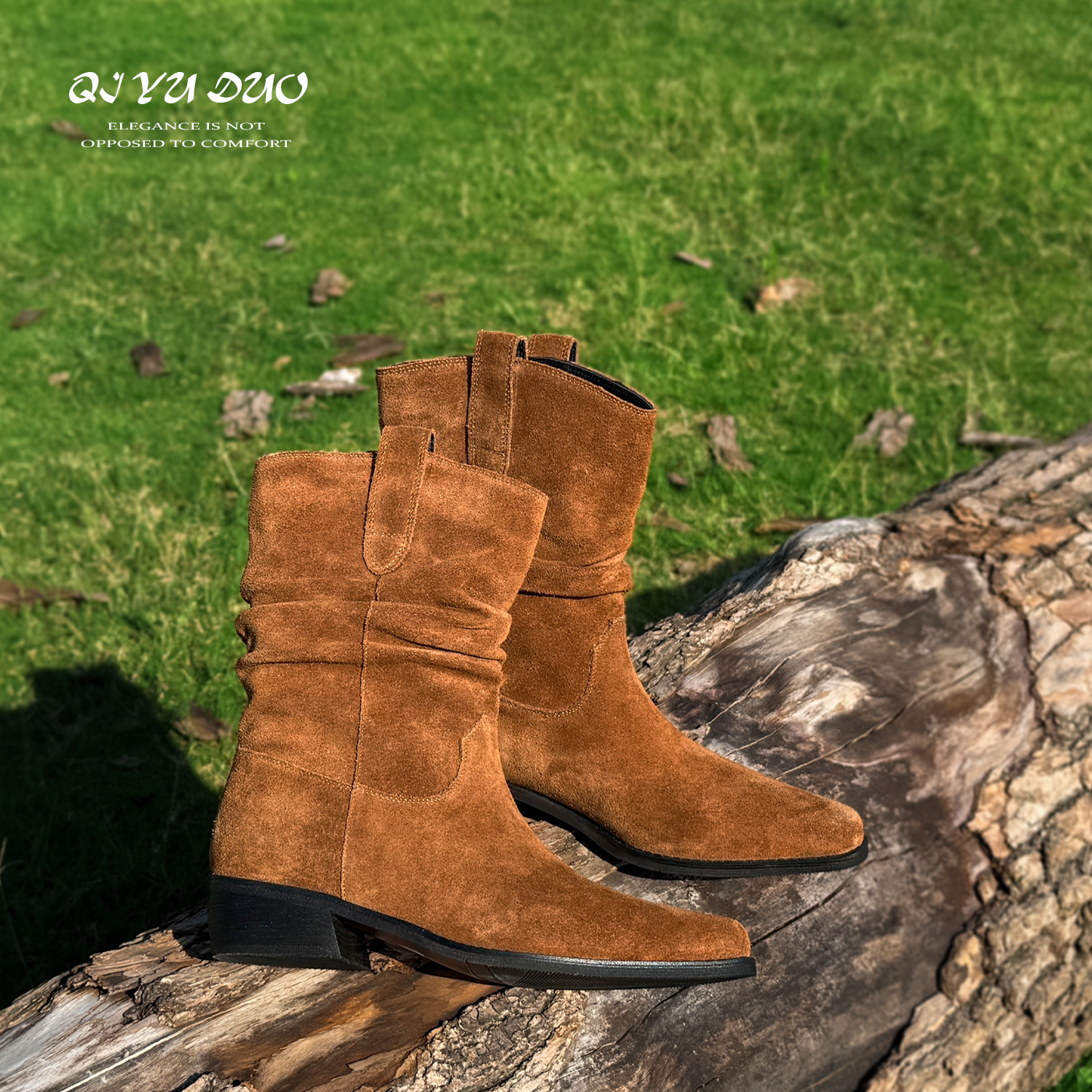 美拉德小方头西部牛仔真皮短靴