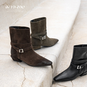 QIYUDUO 靴 美拉德复古游牧短靴女真皮方头皮带扣粗跟两穿秋冬时装