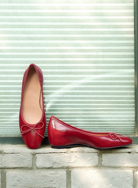 QIYUDUO红色真皮内增高芭蕾鞋女外穿 法式复古蝴蝶结圆头浅口单鞋