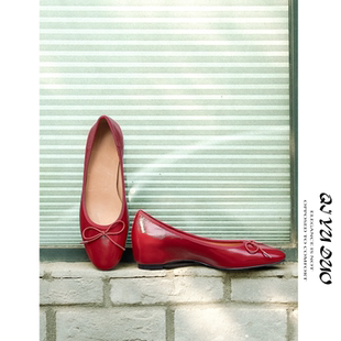 QIYUDUO红色真皮内增高芭蕾鞋 法式 复古蝴蝶结圆头浅口单鞋 女外穿