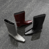 牛皮 七与多 2.5cm高级感简约小短靴女宽筒气质方头坡跟中筒靴