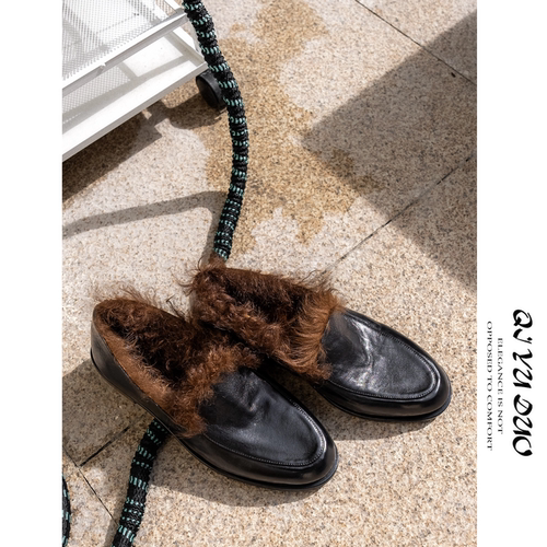 马皮一脚蹬乐福鞋加绒外穿毛毛鞋