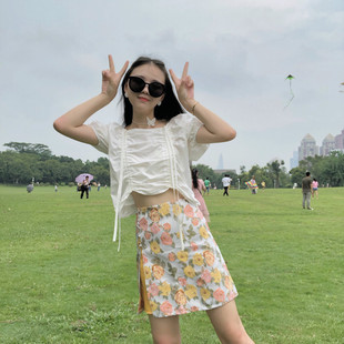 上衣 韩系可爱少女抽绳短款 films 花朵半身裙分开拍