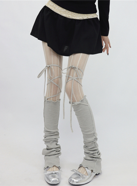 AYTofilms小众DIY绑带竖条木耳边喇叭过膝腿套miu系芭蕾堆堆袜套