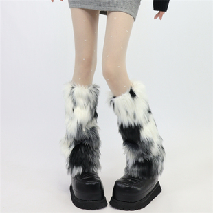 AYTofilms百搭黑白灰拼色雪地靴毛毛腿套秋冬个性 仿皮草保暖袜套