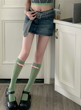 AY Tofilms春夏薄款蝴蝶结金银丝显瘦小腿袜堆堆袜绿色亮丝中筒袜