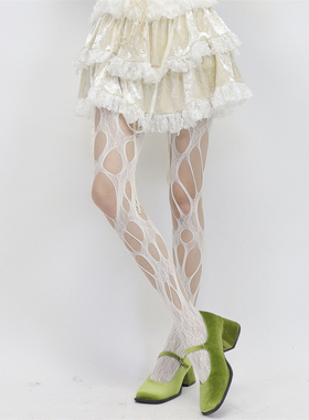 AYTofilms亚文化y2k辣妹白色蕾丝渔网袜小众个性不规则破洞连裤袜