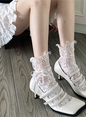 AY Tofilms白色薄款蕾丝镂空睫毛堆堆袜夏季绑带蝴蝶结袜子芭蕾袜