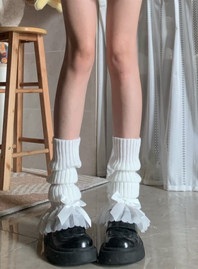 AY To films 白色蕾丝花边大蝴蝶结堆堆袜套洛丽塔少女保暖小腿套