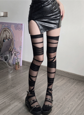 AY Tofilms黑色玻璃丝过膝袜洛丽塔jk交叉绑带透明花边堆堆长筒袜