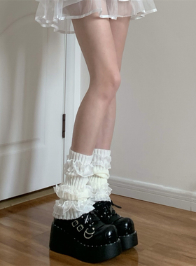 AY To films 白色针织堆堆腿套洛丽塔少女欧根纱三层撞色花边袜套