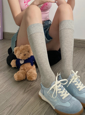 AY To films韩ins风堆堆袜基础百搭竖条纹小腿袜灰色薄棉半透袜子