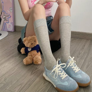 films韩ins风堆堆袜基础百搭竖条纹小腿袜灰色薄棉半透袜子