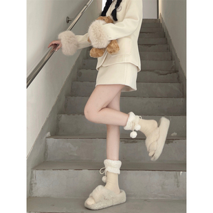 可爱少女羊羔绒花边毛球蝴蝶结袜子仿羊绒保暖堆堆袜 films