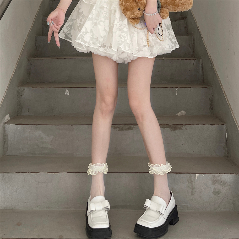 春夏双层撞色花边水晶透明堆堆袜