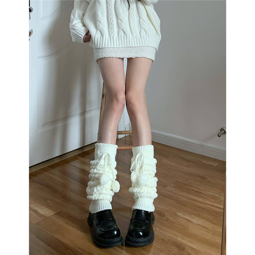 保暖女针织麻花毛球腿套