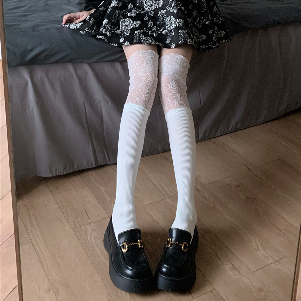 ay tofilms韩国白色蕾丝拼接假高筒过膝袜秋冬纯欲甜辣中筒堆堆袜